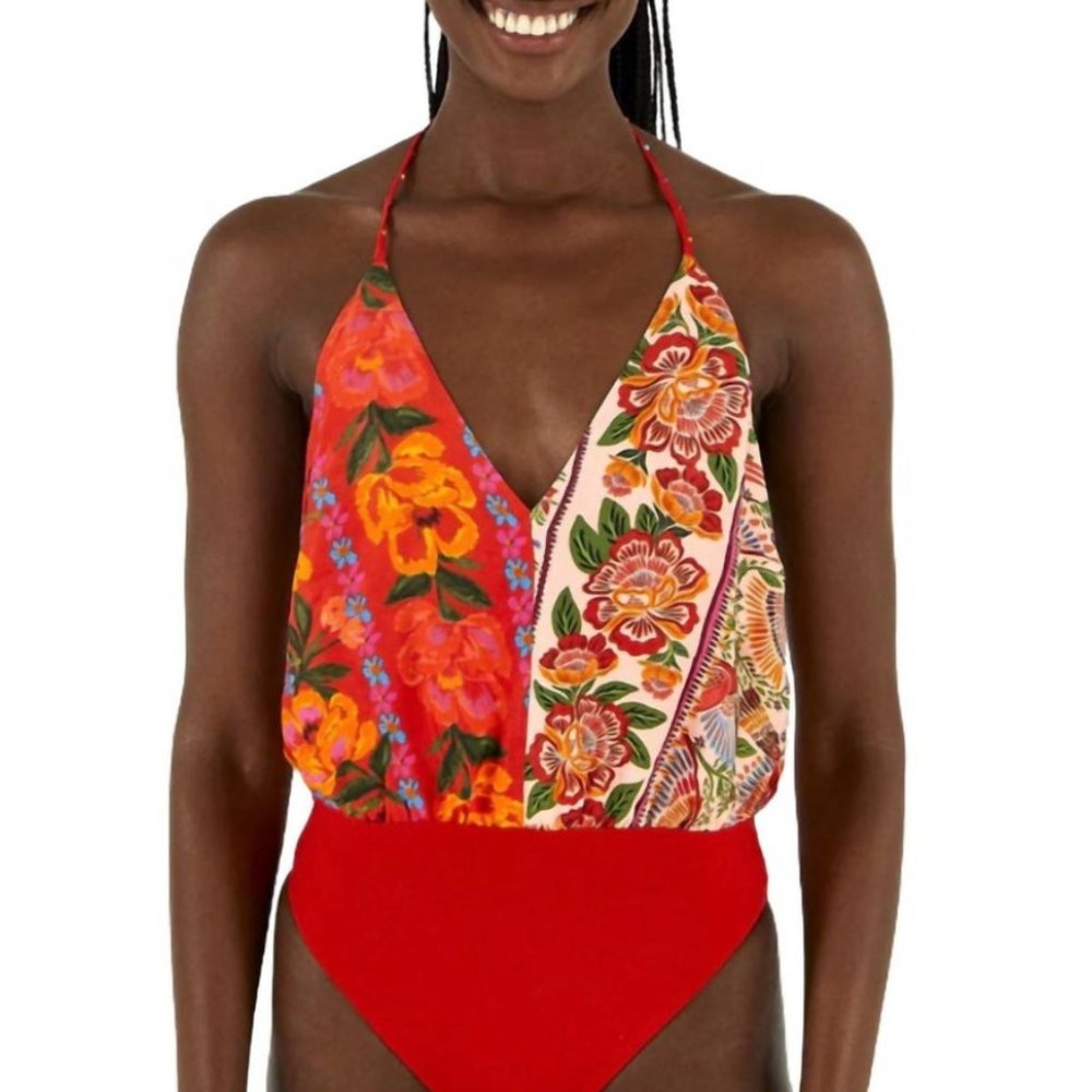 Farm Rio Mixed Print Halter Bodysuit (Size S)